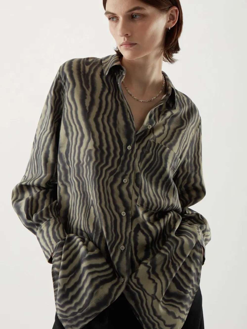 COS Olive and Black Tencel Lyocell Printed Button Shirt Size 4